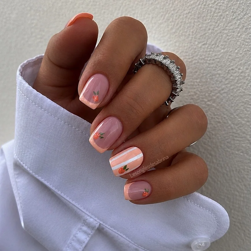 21 light summer nails 2026 Peach Blossom Nails With Delicate Fruit-Inspired Details