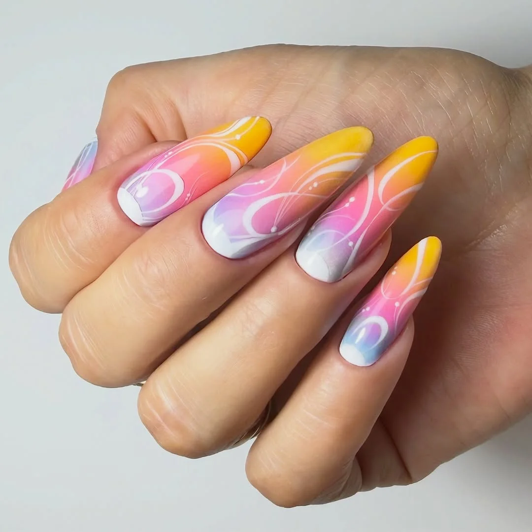 21 light summer nails 2026 Sunset Sorbet Swirl Nails With Vibrant Summer Gradients