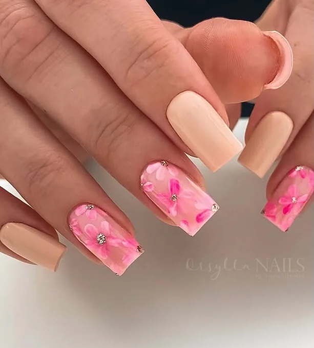 21 light summer nails 2026 Soft Beige Floral Nails With Watercolor Pink Petals