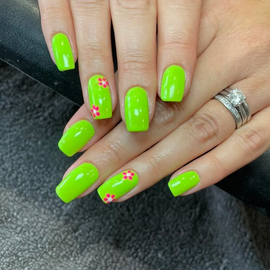 21 plain summer nails 2026 Neon Green Floral Nails With Retro Summer Vibes