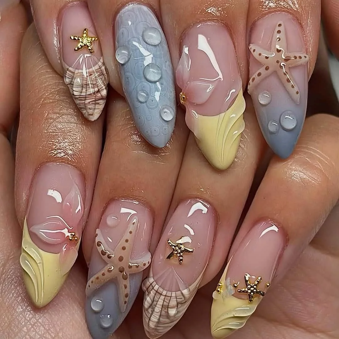 24 starfish summer nails 2026 Luxury Beach Seashell Sculptures With Gold Starfish Details