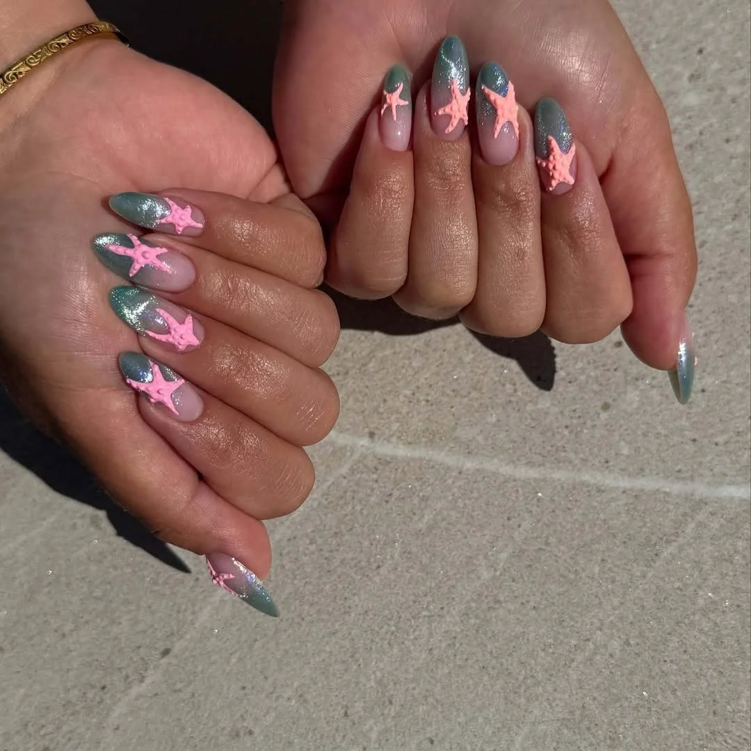 24 starfish summer nails 2026 Pink Starfish Accents Over Teal Shimmer Waves