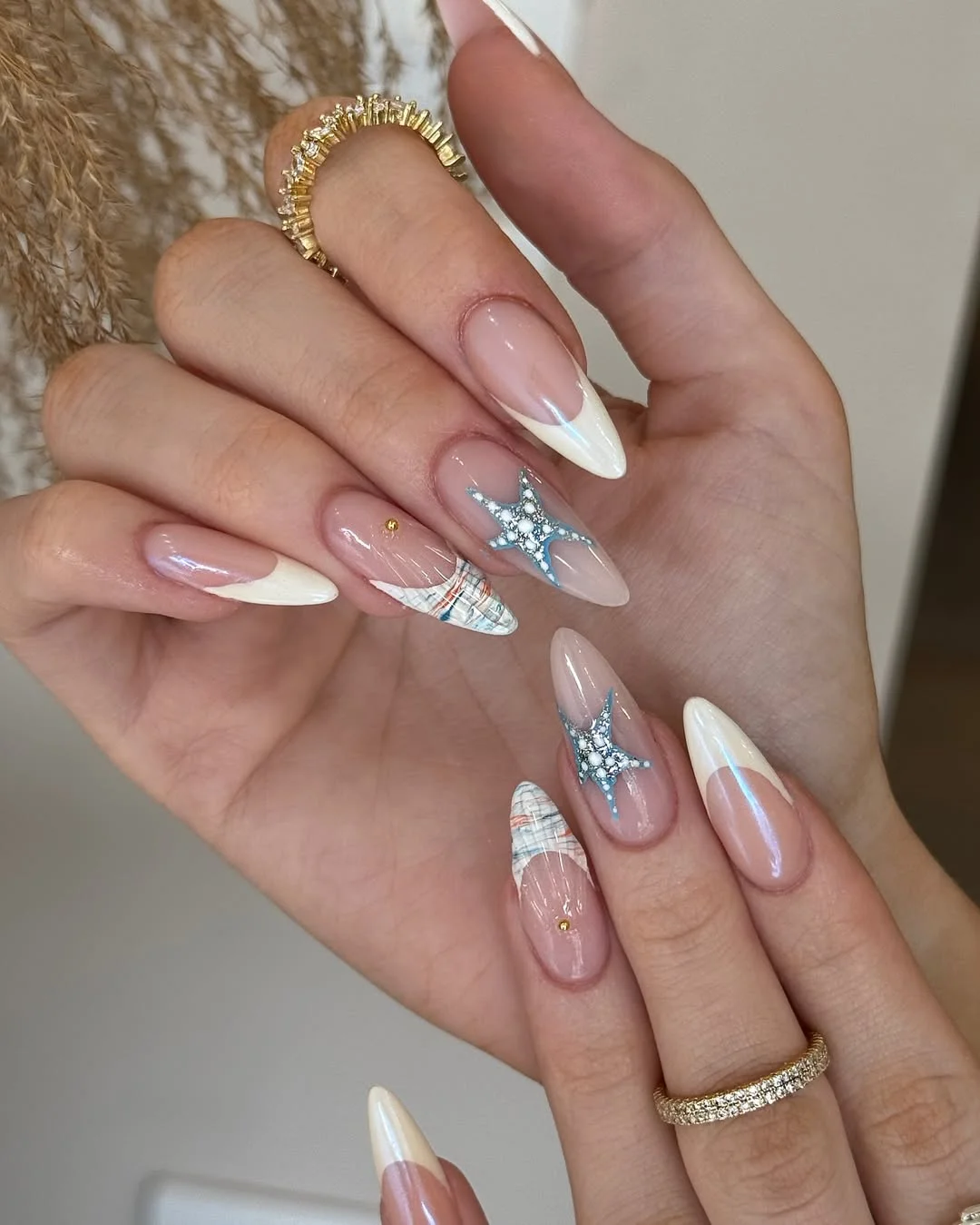 24 starfish summer nails 2026 White Almond Nails With Crystal Blue Starfish Elegance