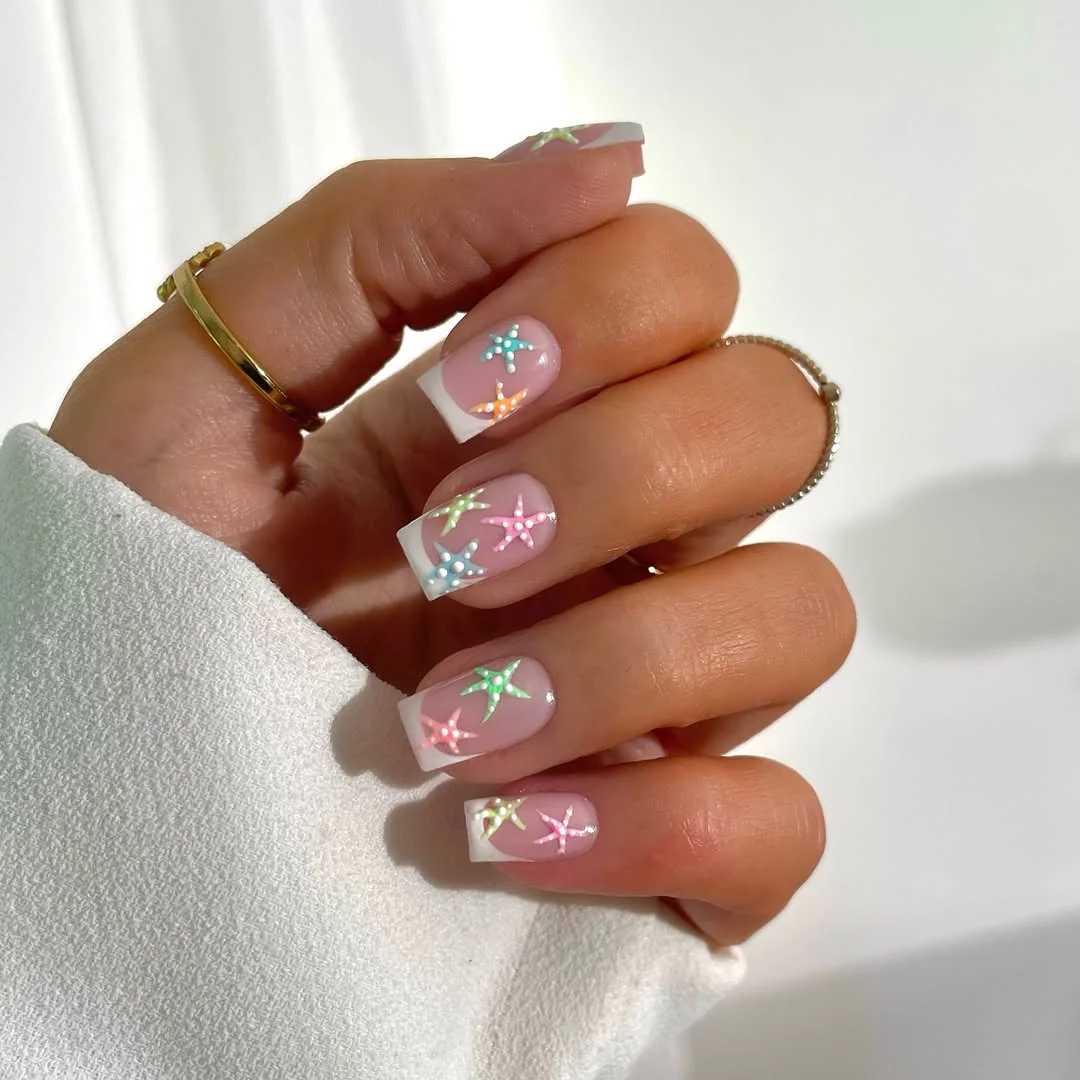 24 starfish summer nails 2026 Pink and Orange Starfish French Tips With Playful Summer Charm