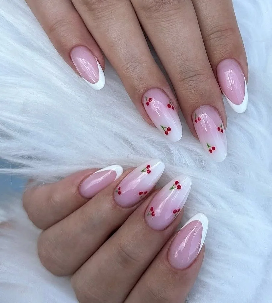 21 summer oval nails 2026 Cherry French Nails With a Romantic Summer Twist