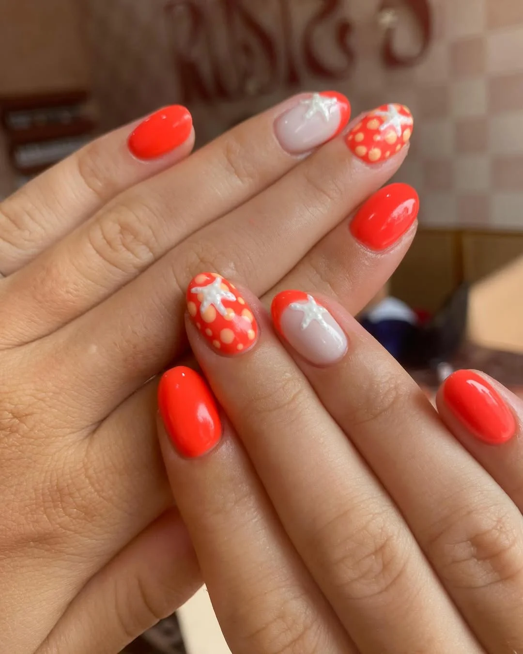 21 summer oval nails 2026 Coral Starfish Nails With a Playful Beach Mood