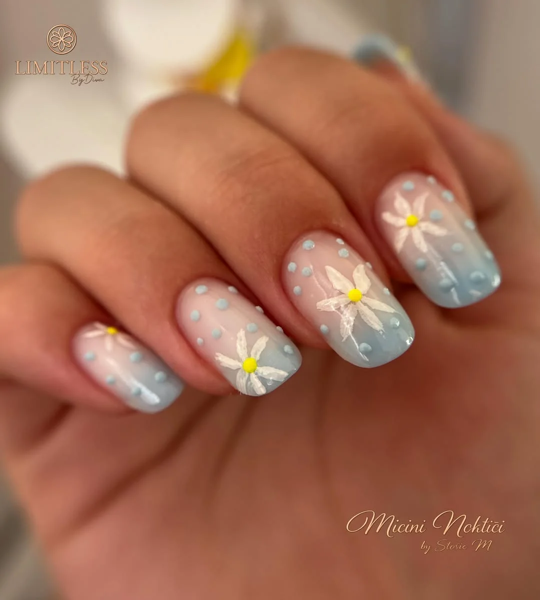 21 summer oval nails 2026 Sky Blue Daisy Ombre Nails for a Fresh Seasonal Update