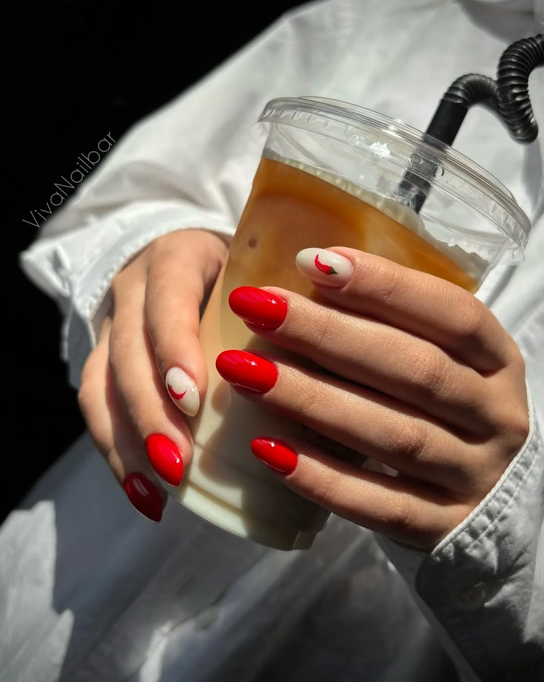 21 summer oval nails 2026 Bold Cherry Red Oval Nails With Minimal Accent Art