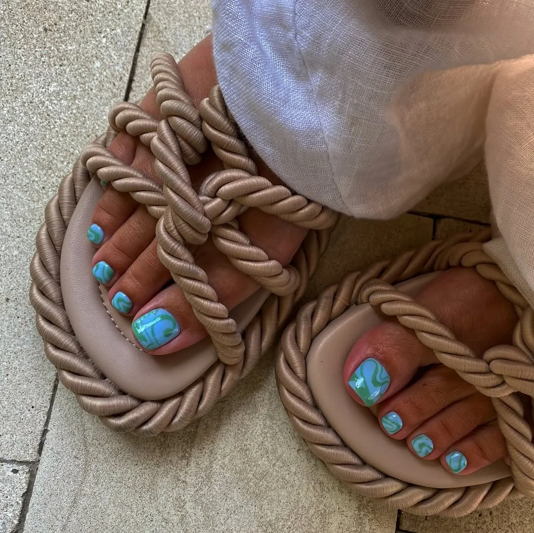 summer pedicure nail art 2026 Ocean Wave Swirl Pedicure In Refreshing Aqua Tones