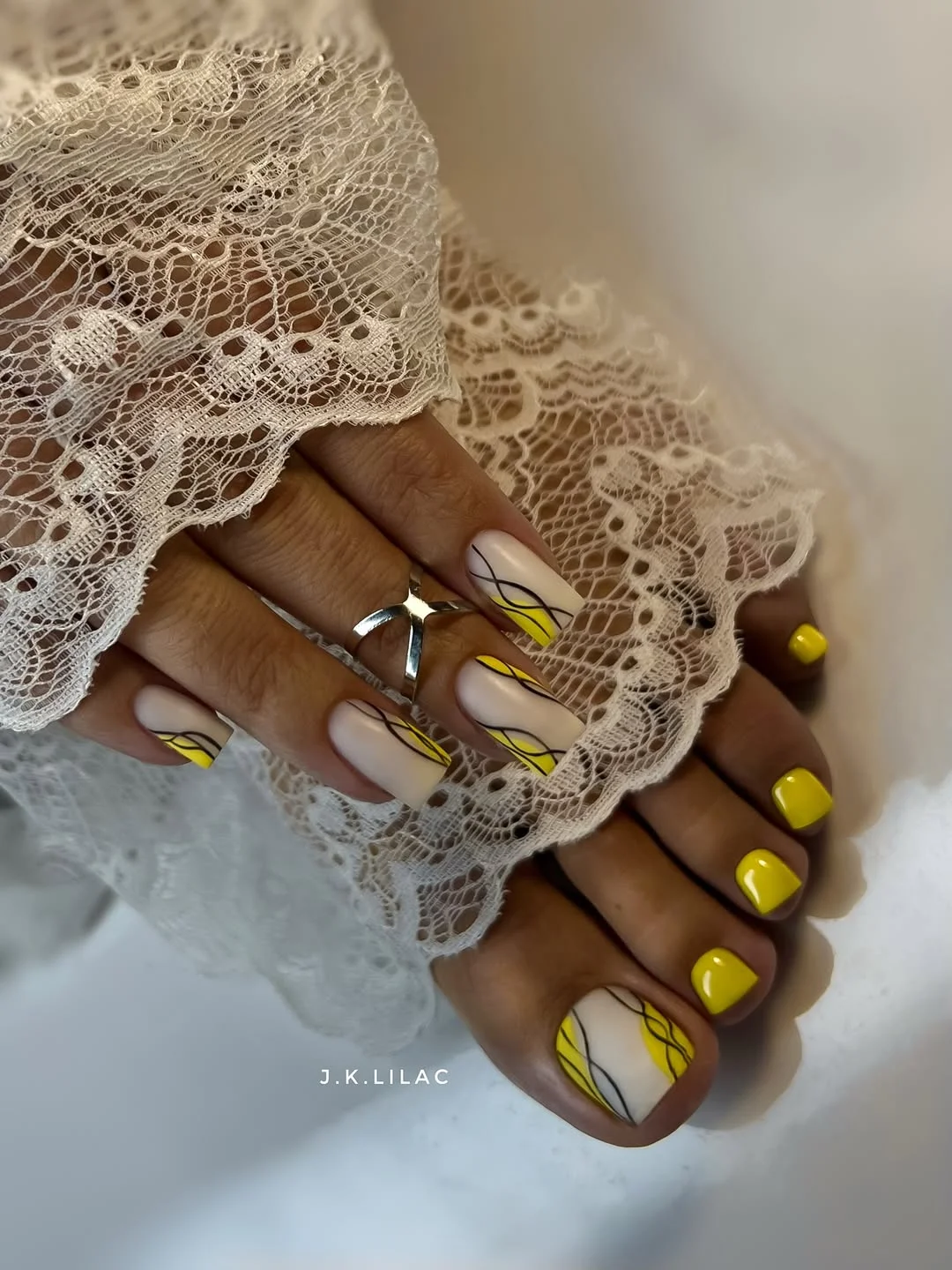 summer pedicure nail art 2026 Modern Lemon Yellow Pedicure With Graphic Line Art