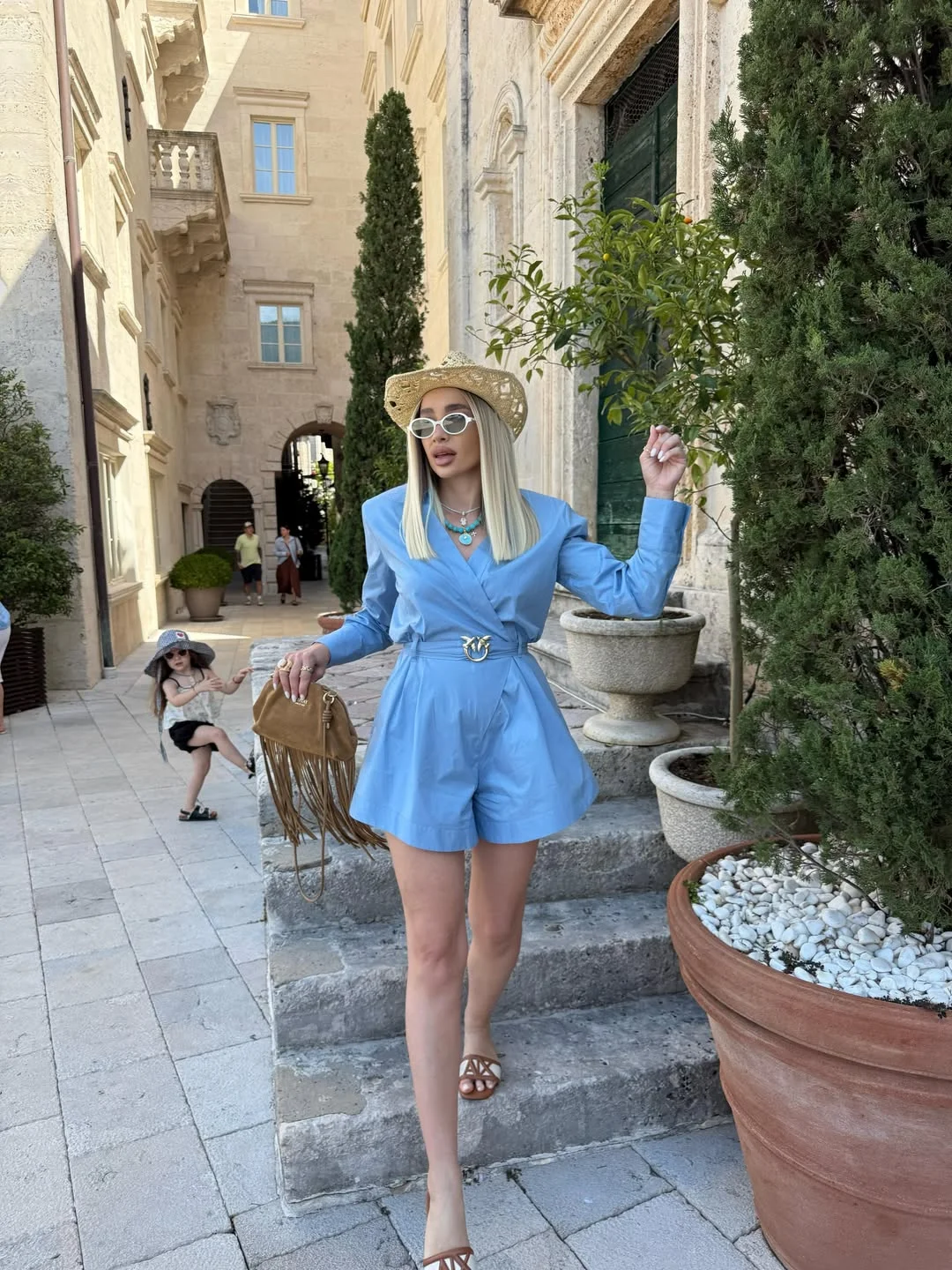 Summer to fall outfits 2026 Powder Blue Romper with Western Touches for Warm Fall Days