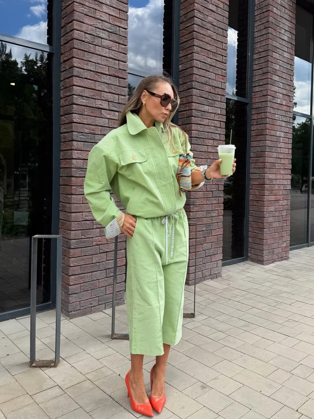 Summer to fall outfits 2026 Pistachio Utility Set with Bold Color Contrast