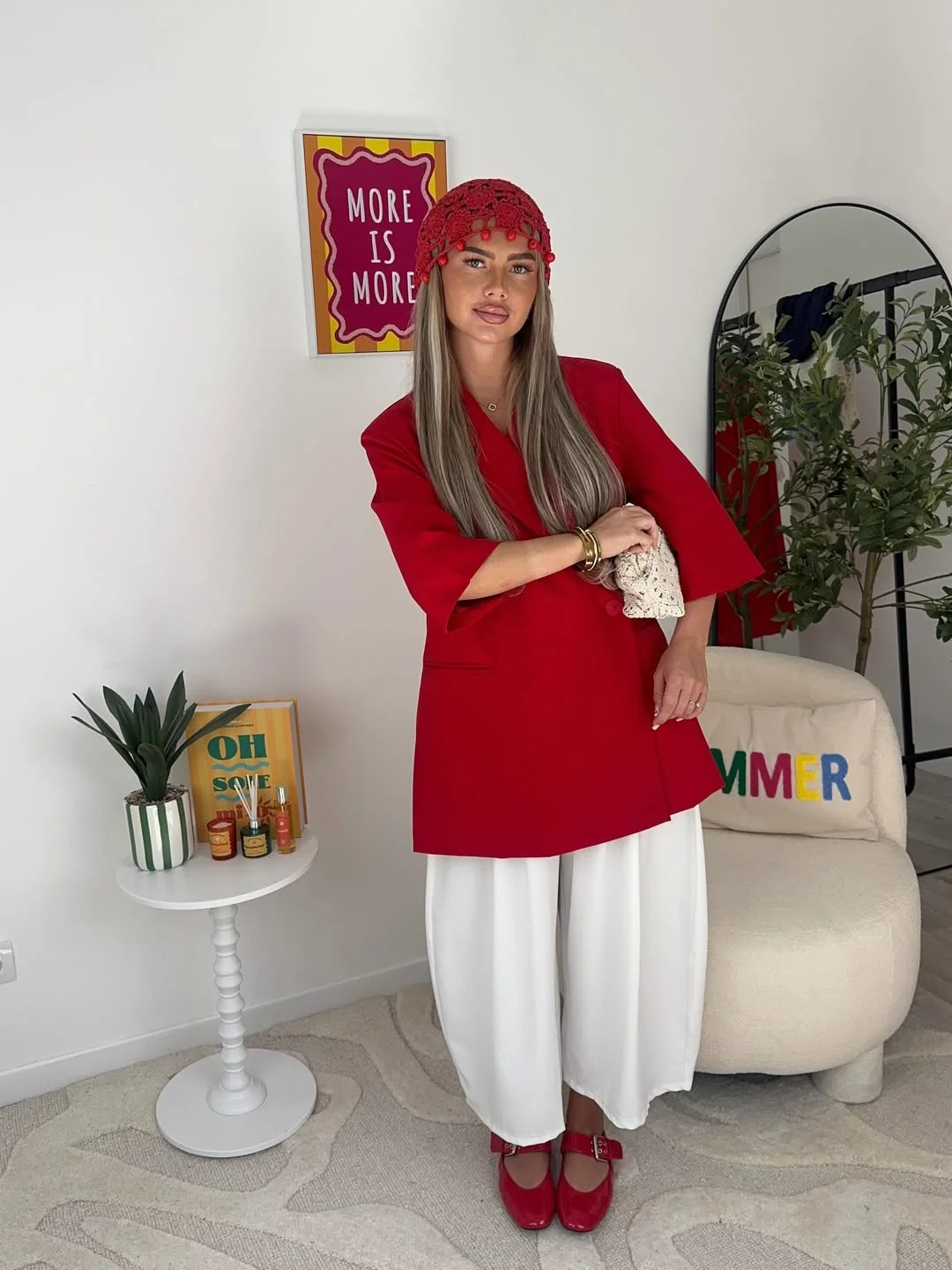 Summer to fall outfits 2026 Statement Red Blazer with Relaxed White Separates