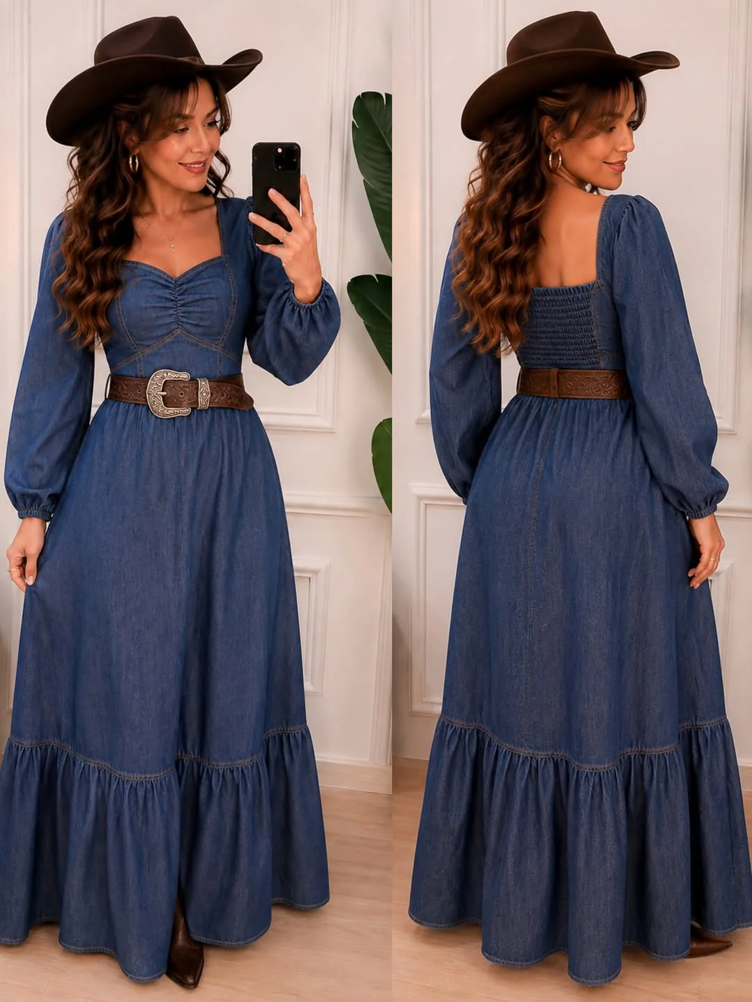 Summer to fall outfits 2026 Denim Maxi Dress with Western Inspired Charm
