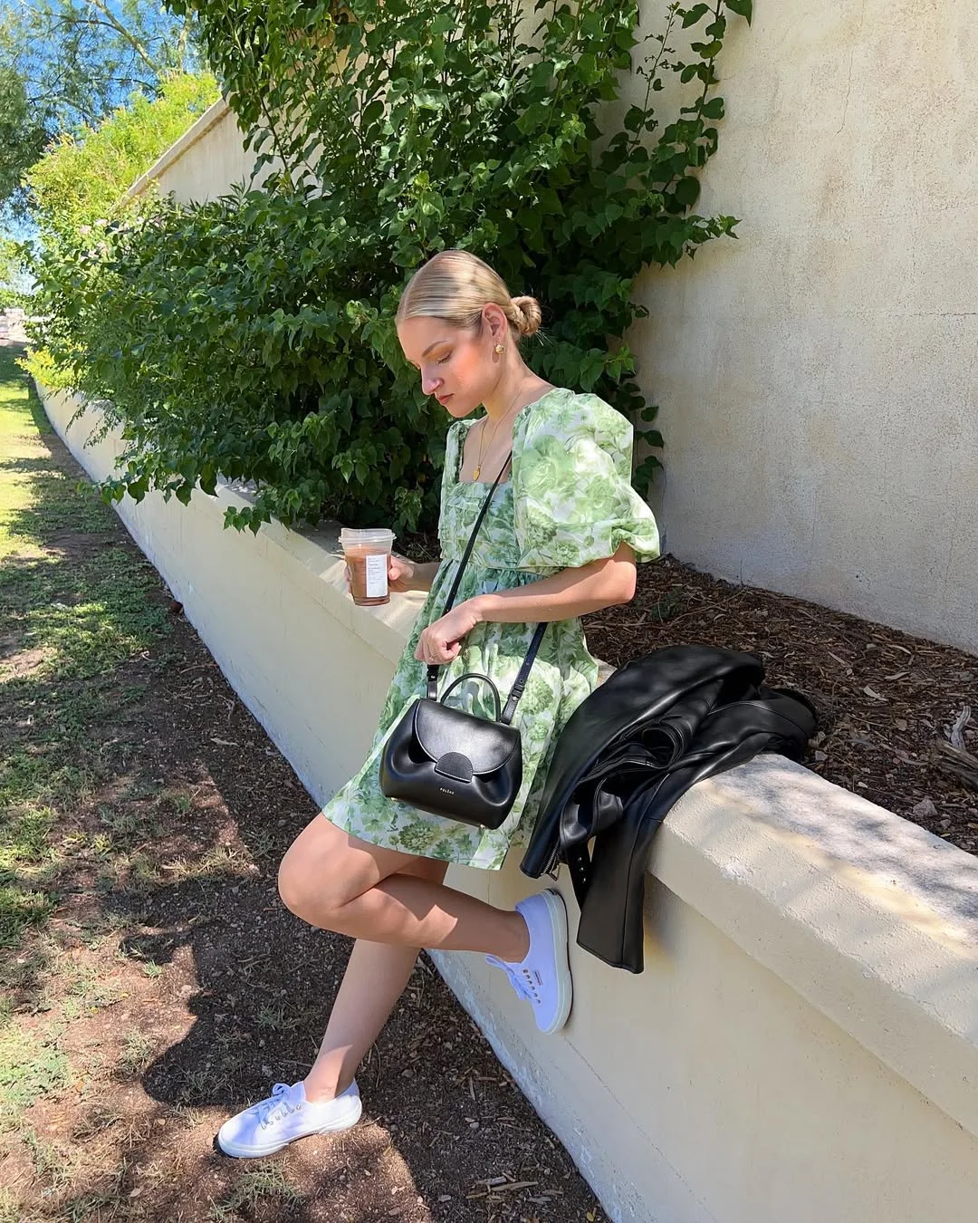 Summer to fall outfits 2026 Green Floral Dress with Sneakers for Late Summer Days