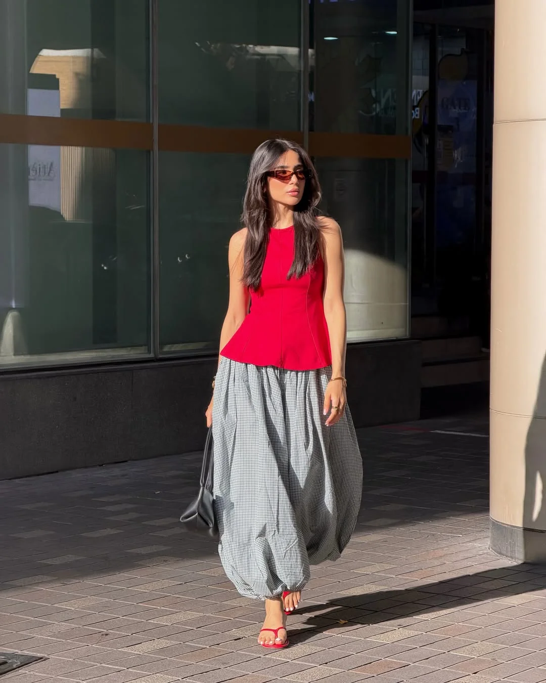 Summer to fall outfits 2026 Red Peplum Top and Gingham Balloon Skirt for Fashion Forward Contrast