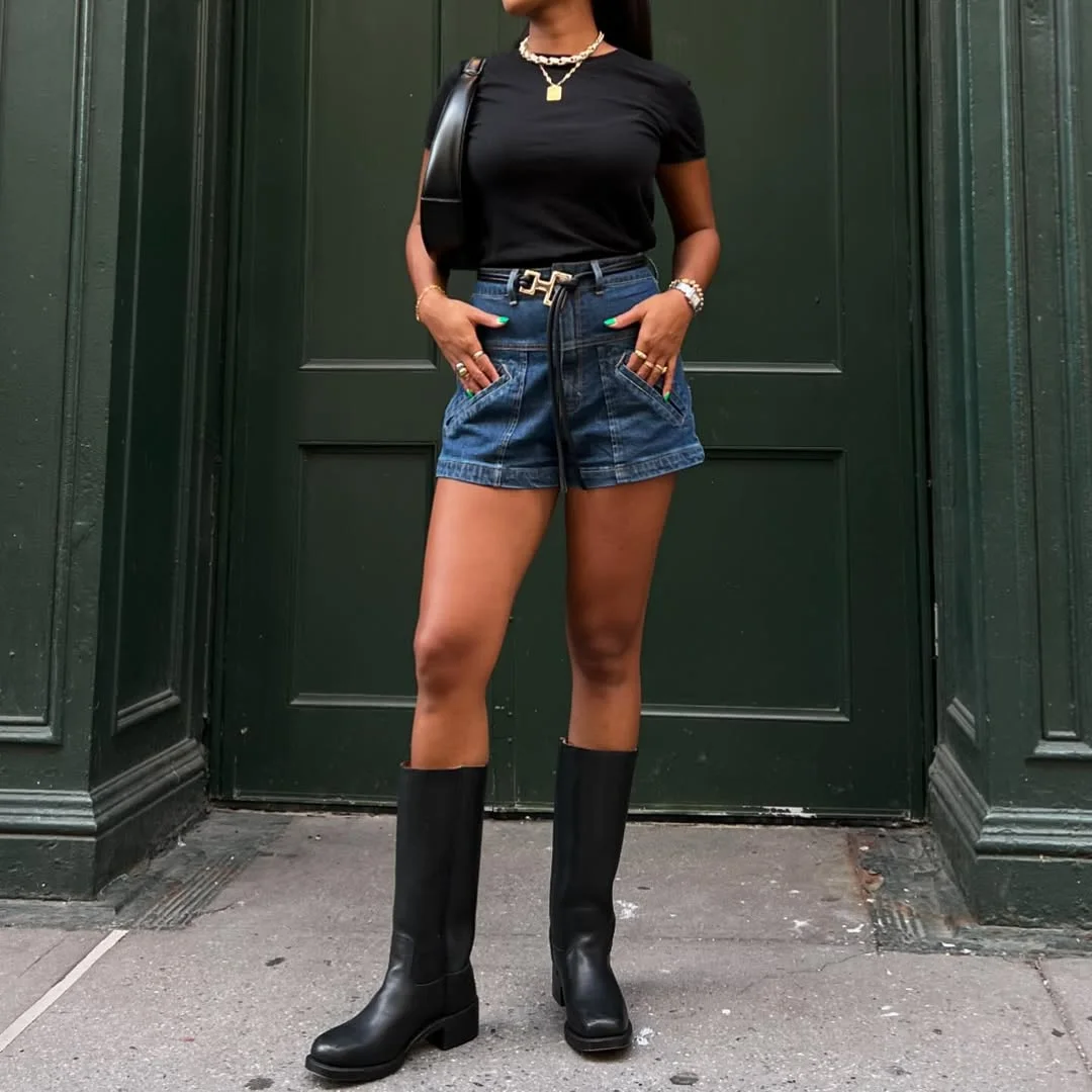 Summer to fall outfits 2026 Denim Shorts and Tall Boots for Early Fall Confidence