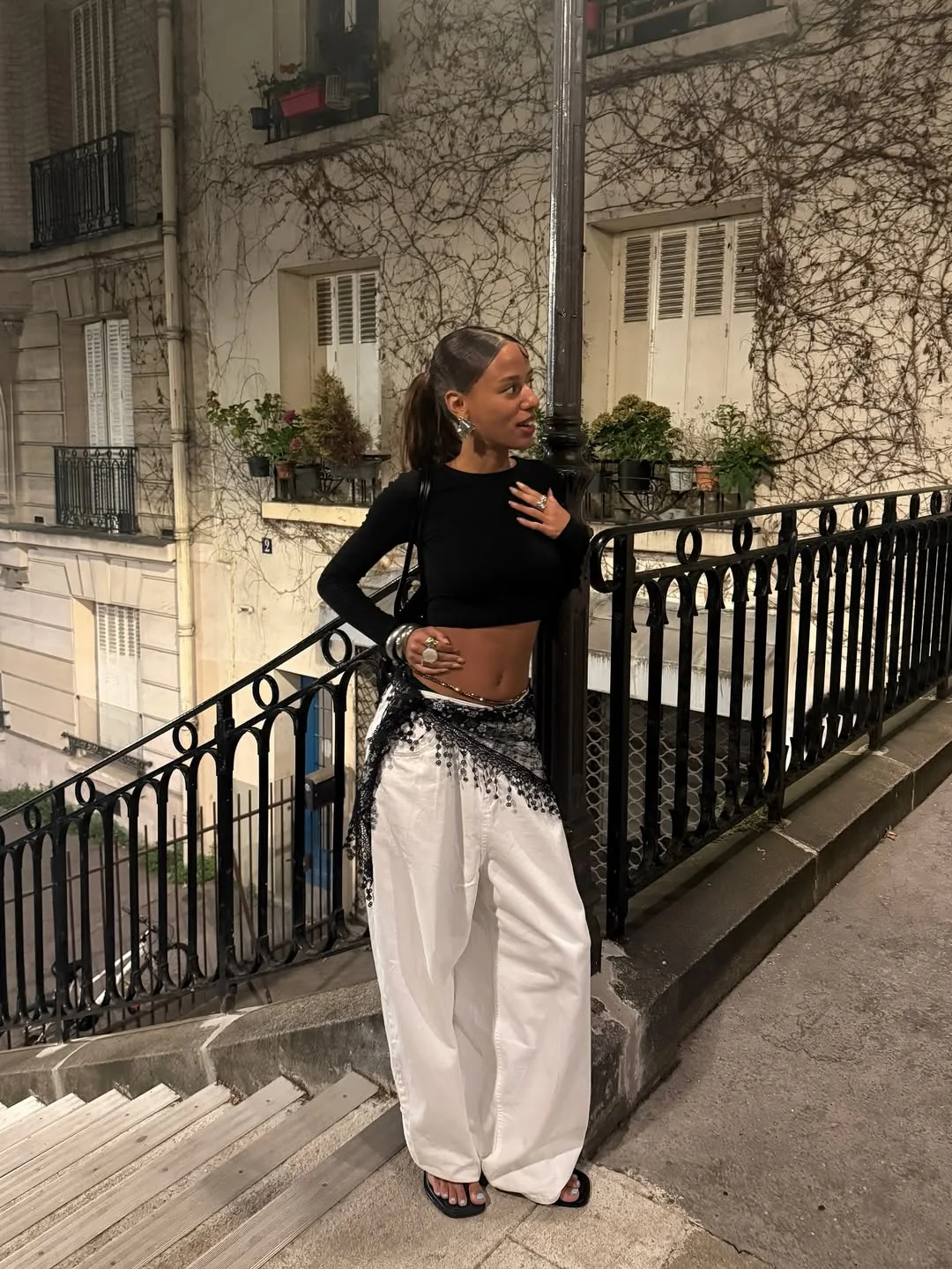 Summer to fall outfits 2026 Black Crop Top and White Wide-Leg Pants with Parisian Edge