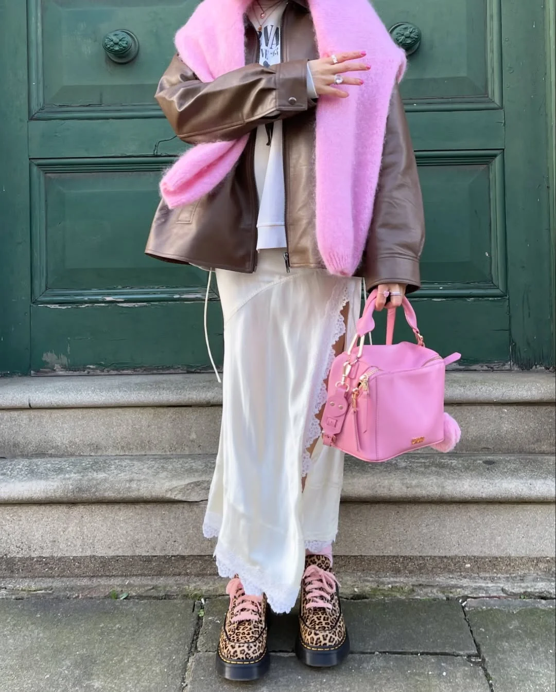 Summer to fall outfits 2026 Slip Dress and Leather Jacket with Playful Pink Accents