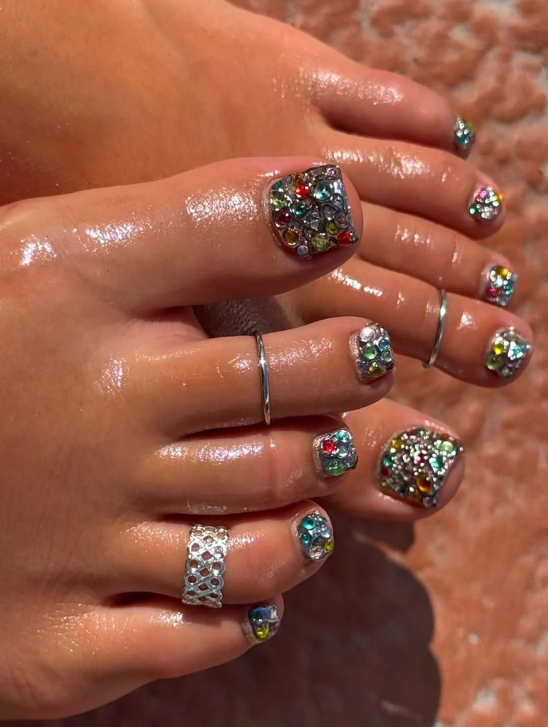 21 summer toe nails design ideas 2026 Jewel Encrusted Pedicure for Maximum Summer Sparkle