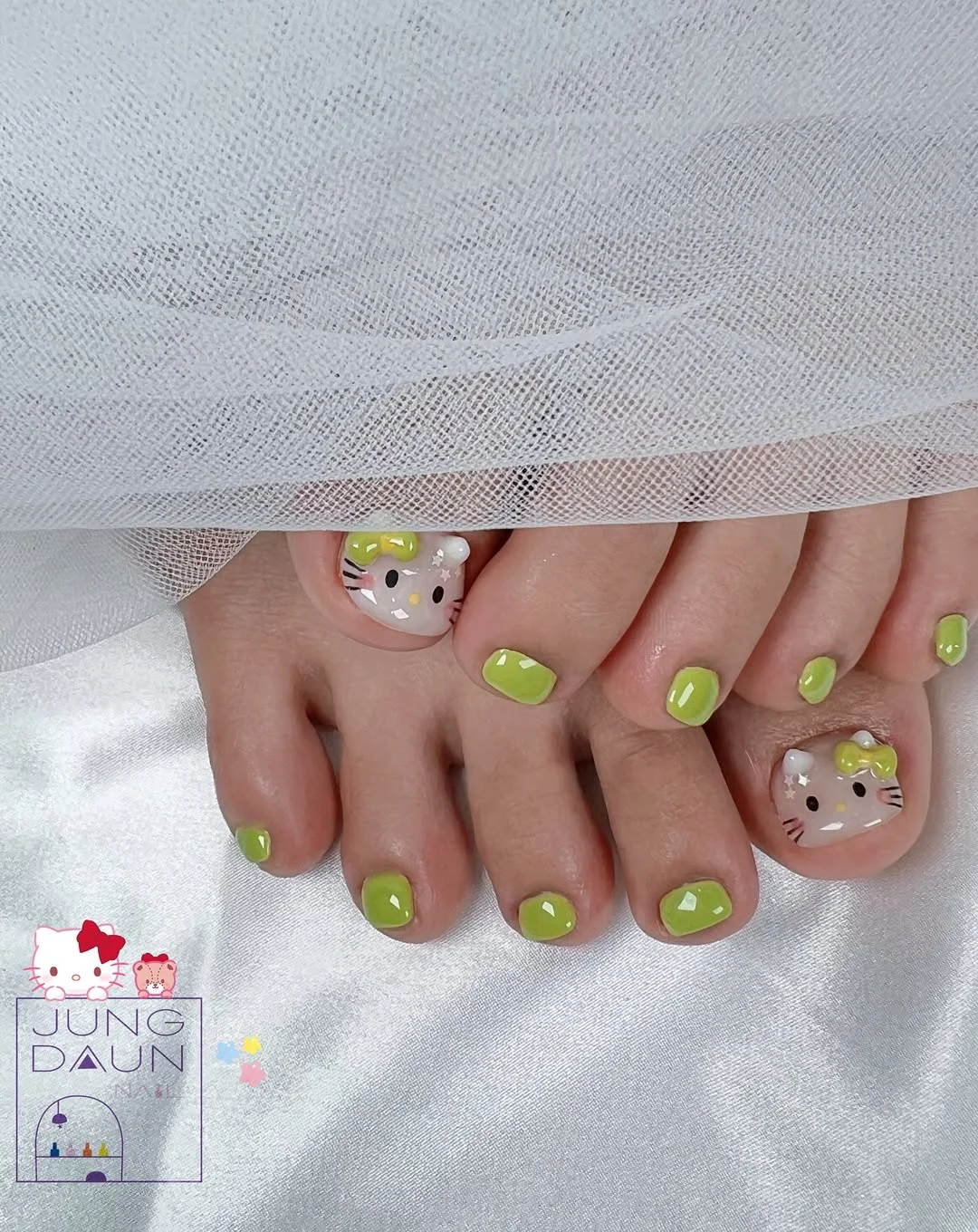 21 summer toe nails design ideas 2026 Playful Lime Green Character Pedicure for a Cute Summer Mood