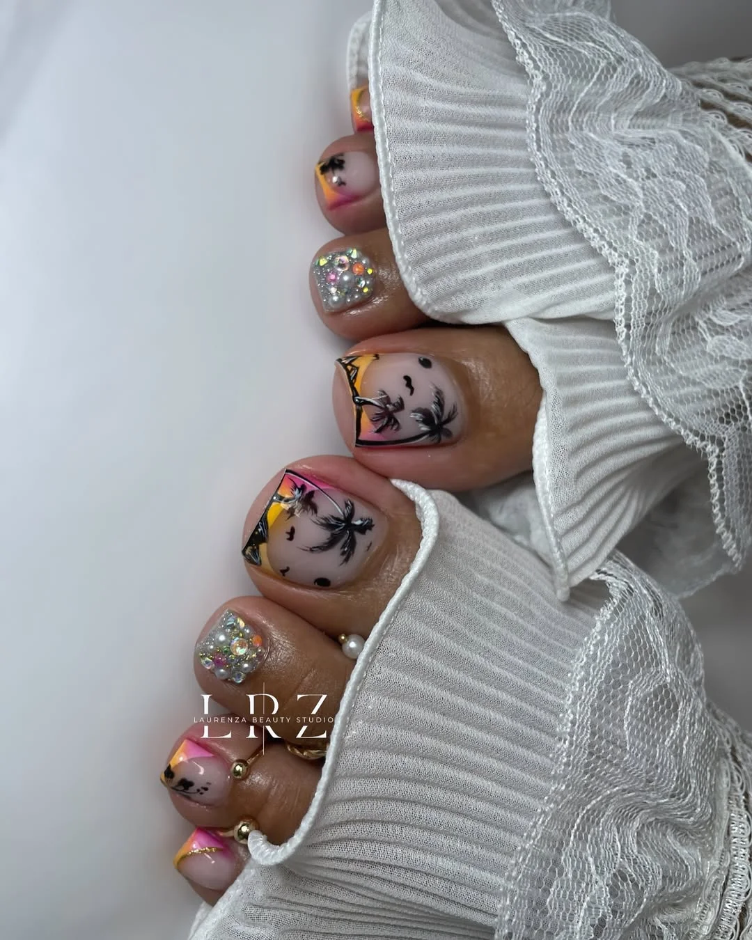 21 summer toe nails design ideas 2026 Tropical Sunset Nail Art With Palm Tree Silhouettes