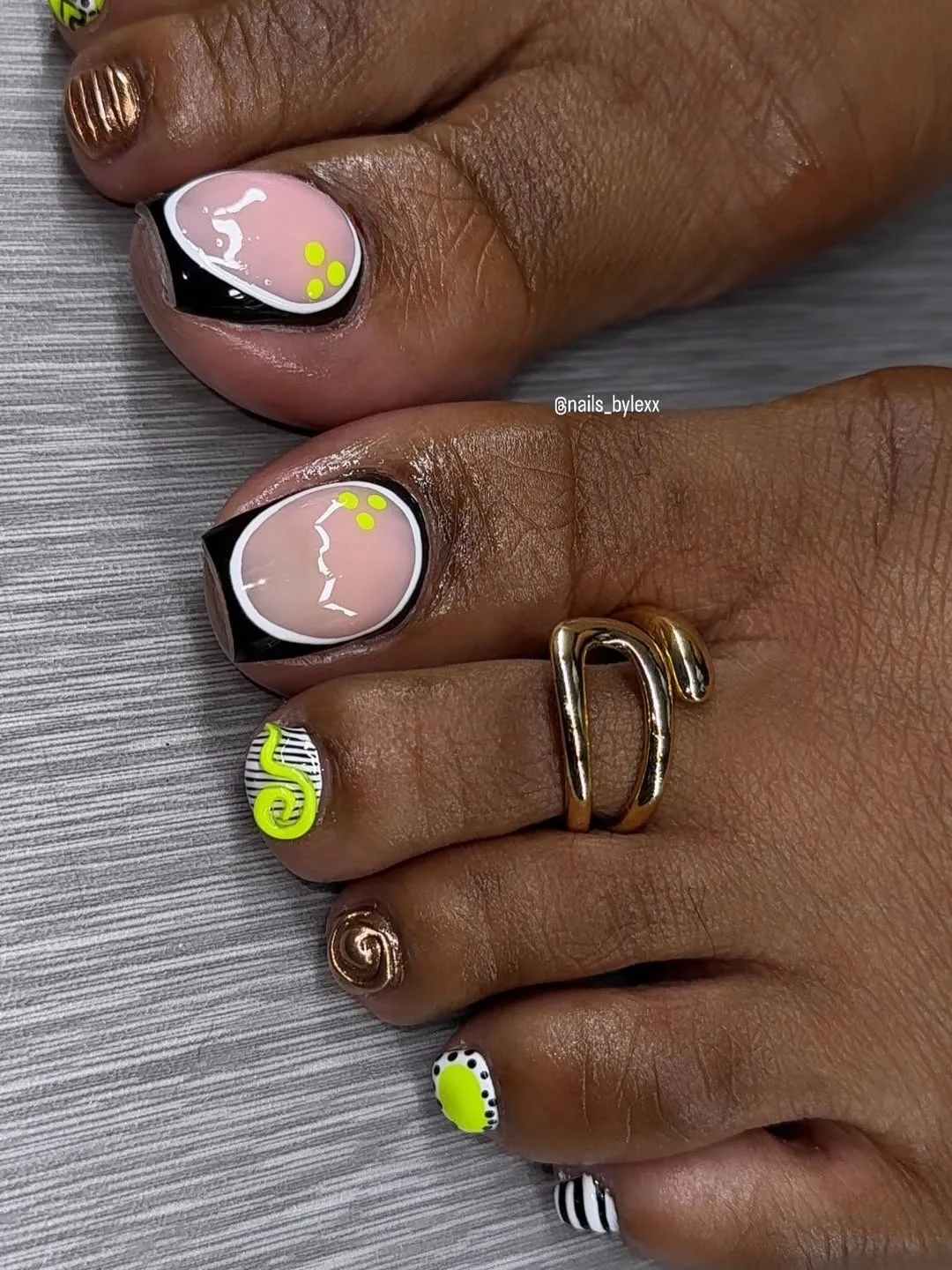 21 summer toe nails design ideas 2026 Graphic Black and Neon Art With Contemporary Edge