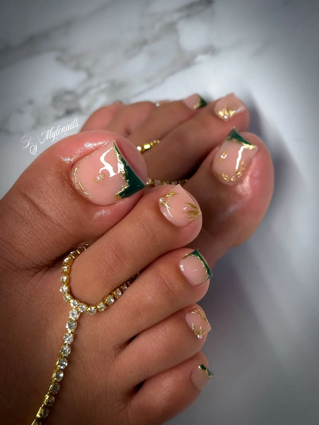 21 summer toe nails design ideas 2026 Emerald Green French Tip Pedicure With Golden Details