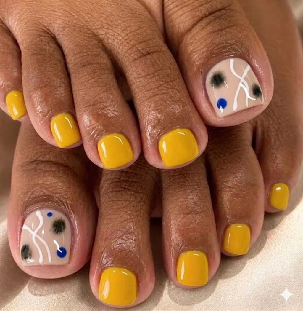 21 summer toe nails design ideas 2026 Sunny Yellow Abstract Art Pedicure