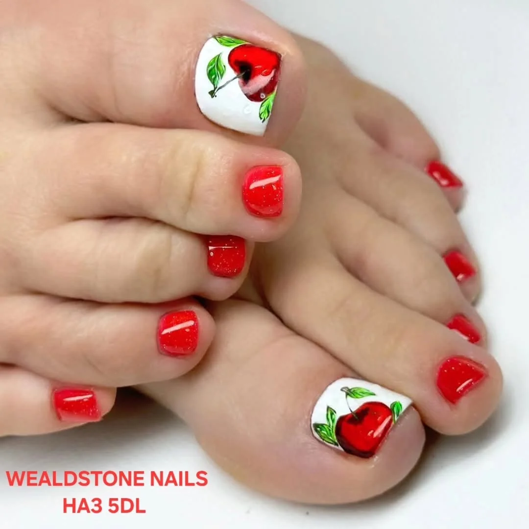 21 summer toe nails design ideas 2026 Bright Cherry Pedicures for a Playful Summer Mood
