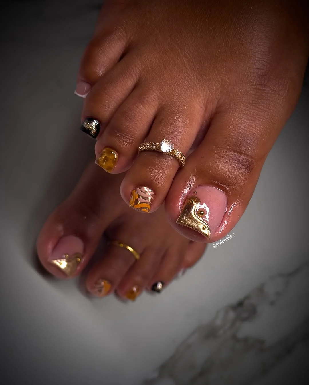 21 summer toe nails design ideas 2026 Golden Swirl Pedicures With Warm Sunset Tones