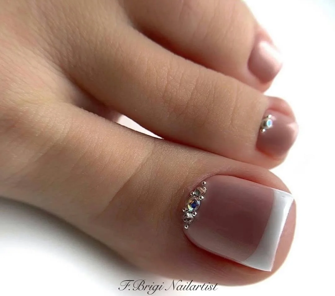 19 summer white french toes 2026 French Pedicure with Crystal Elegance