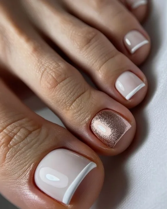 19 summer white french toes 2026 Modern Diagonal French Lines with Rose Gold Sparkle